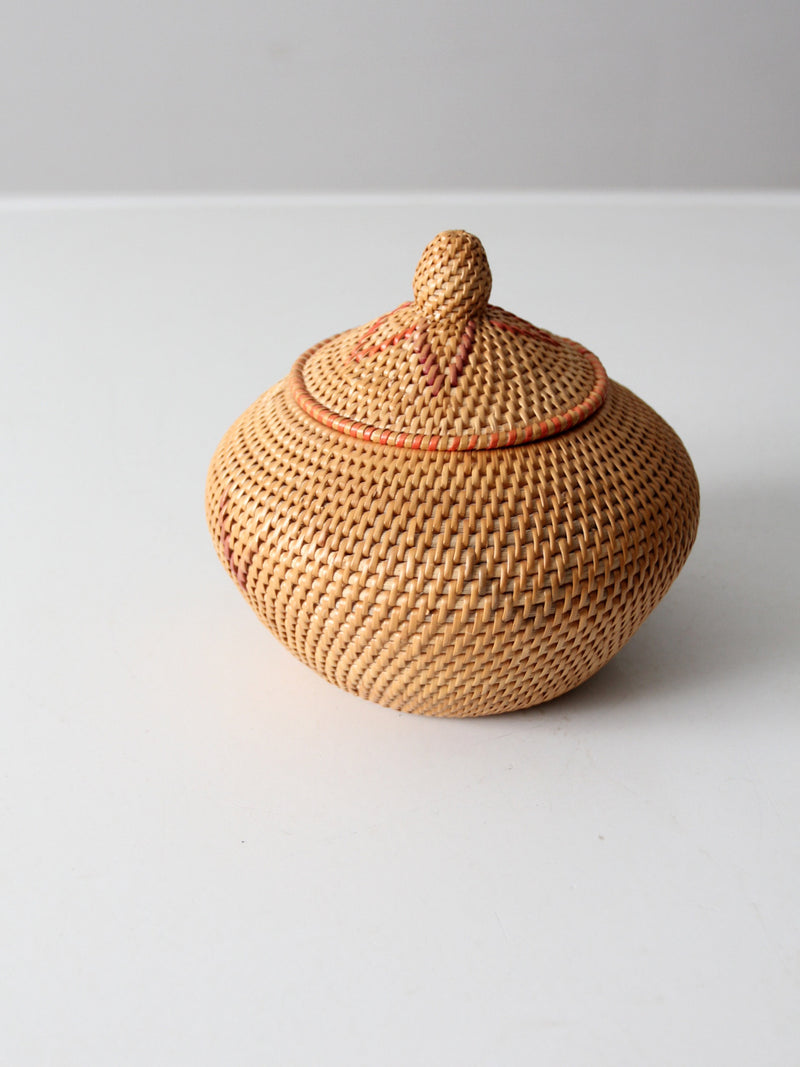 vintage rattan woven basket with lid