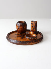 mid-century chip carved pine catchall set