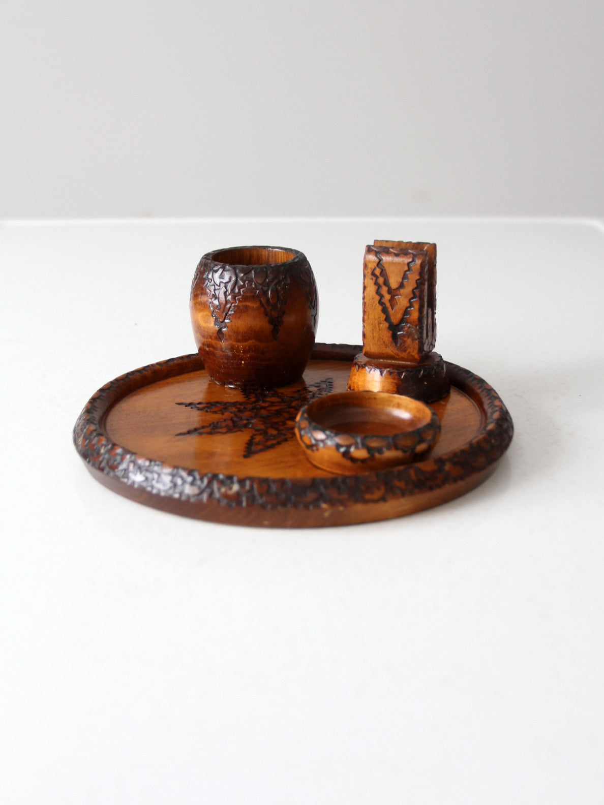 mid-century chip carved pine catchall set