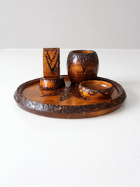 mid-century chip carved pine catchall set