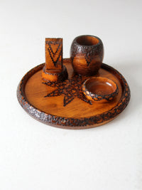 mid-century chip carved pine catchall set