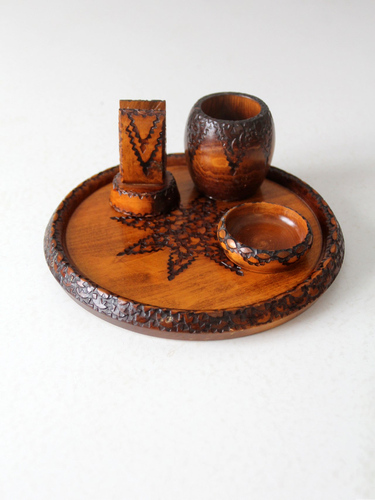 mid-century chip carved pine catchall set