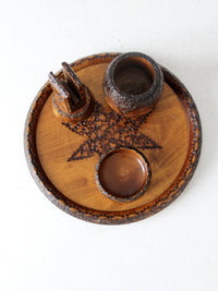 mid-century chip carved pine catchall set