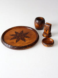 mid-century chip carved pine catchall set