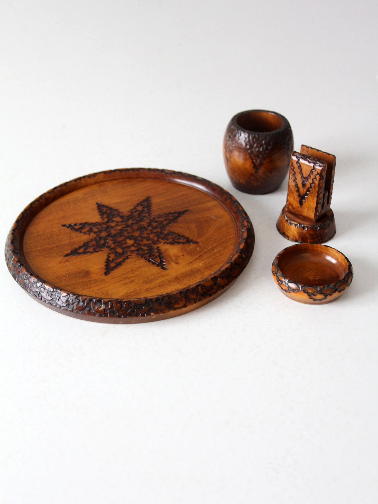 mid-century chip carved pine catchall set