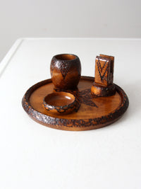 mid-century chip carved pine catchall set