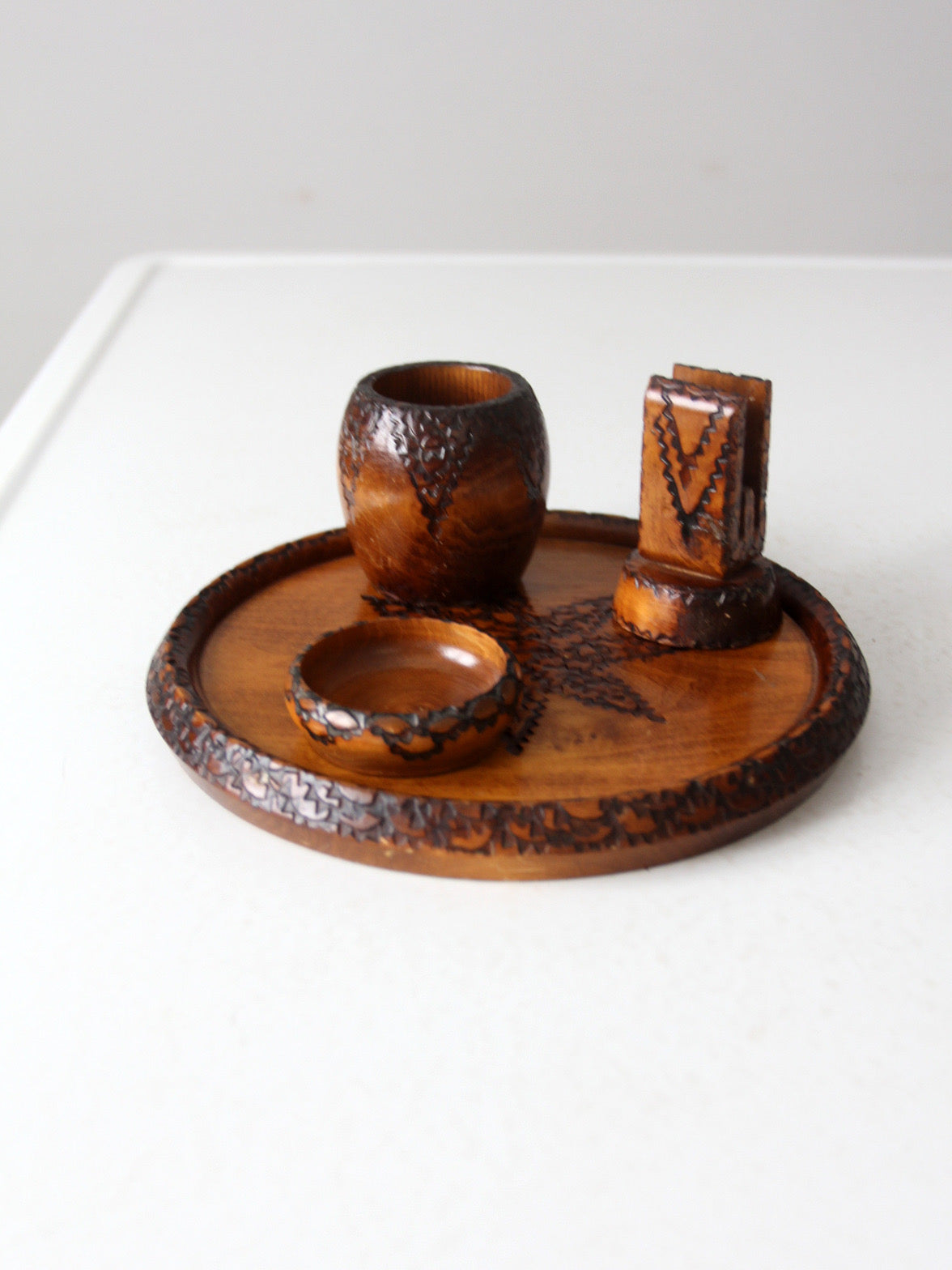 mid-century chip carved pine catchall set