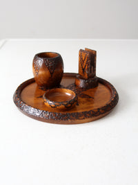 mid-century chip carved pine catchall set