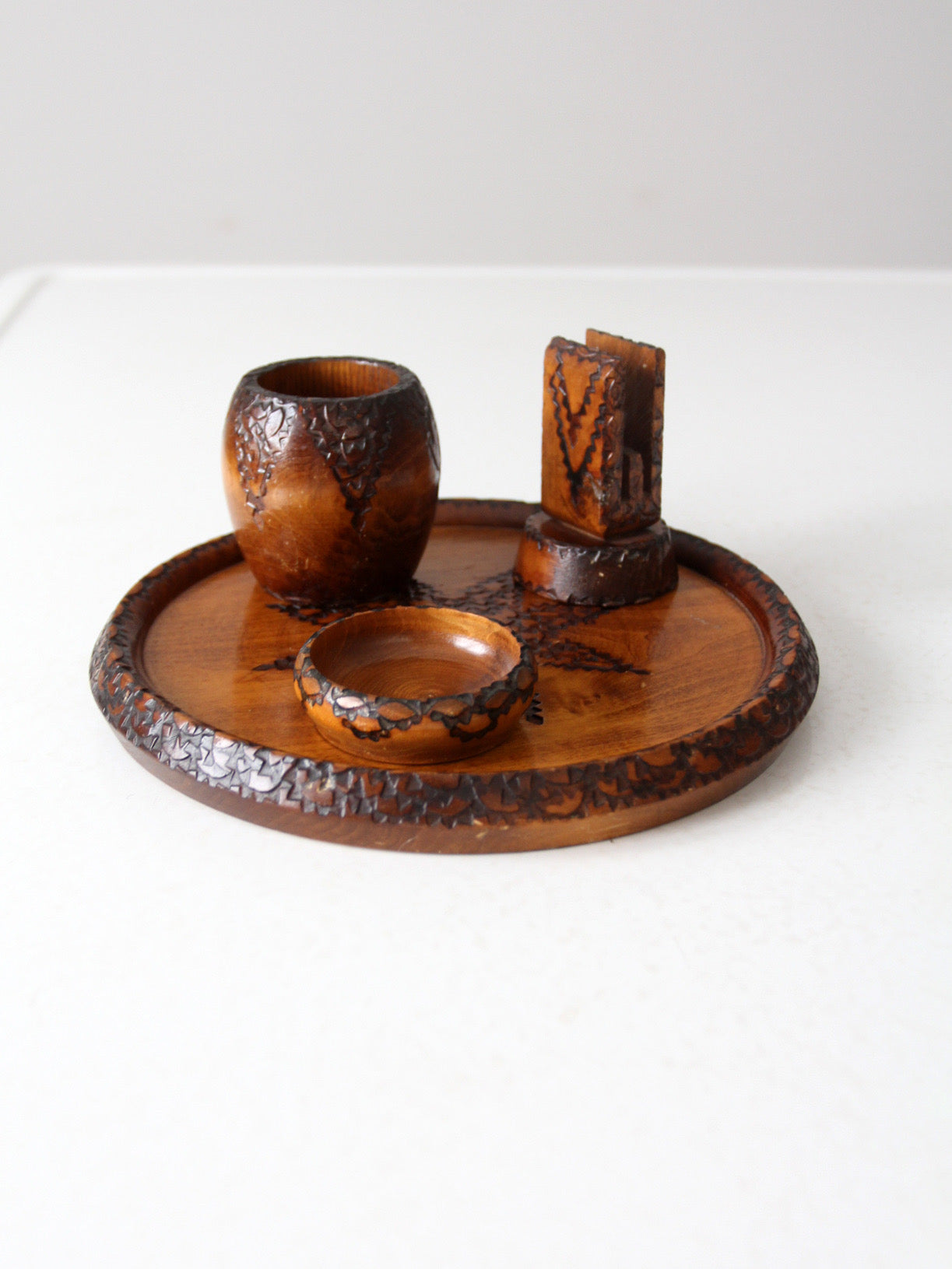 mid-century chip carved pine catchall set