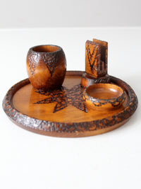 mid-century chip carved pine catchall set