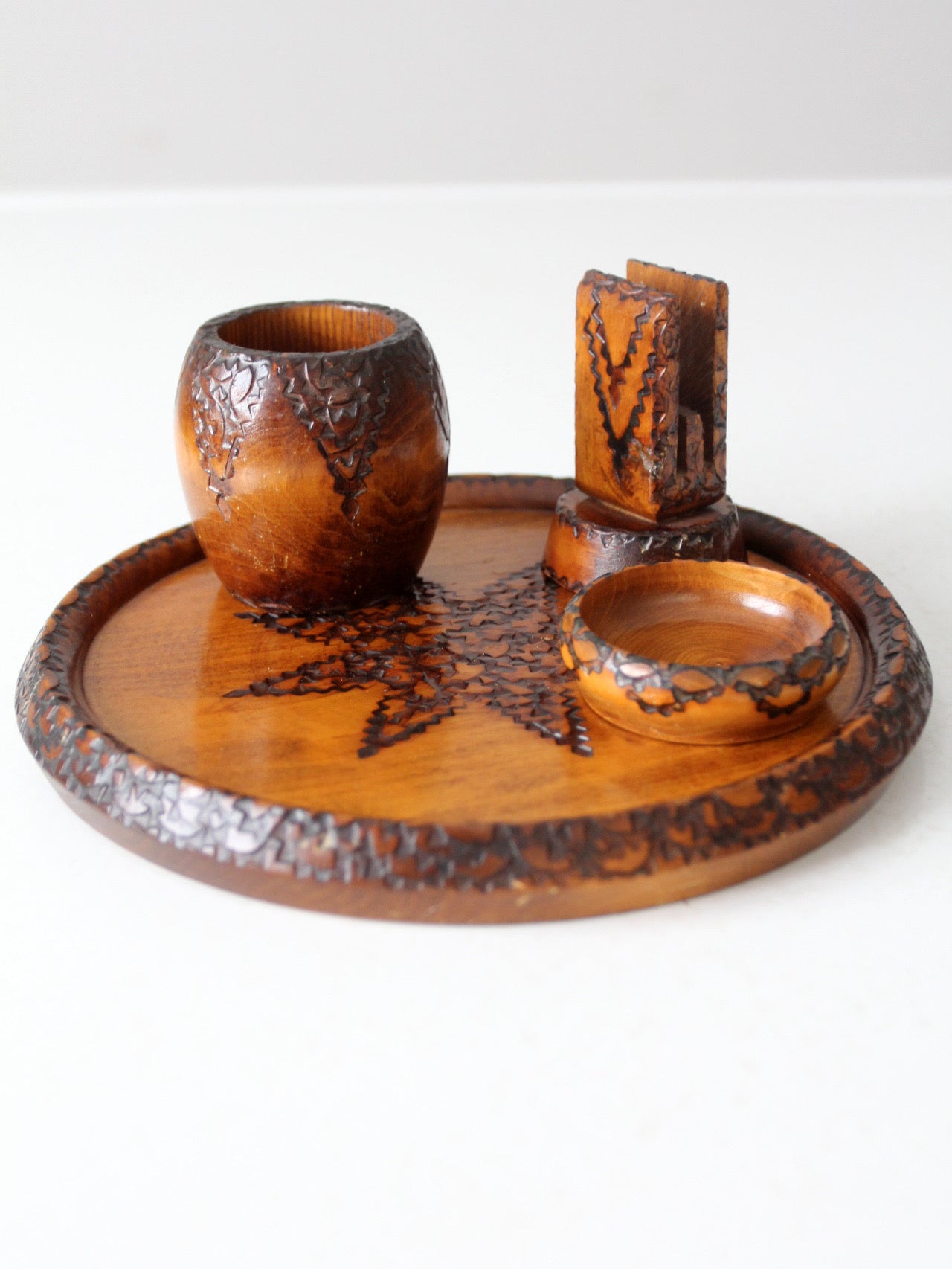 mid-century chip carved pine catchall set