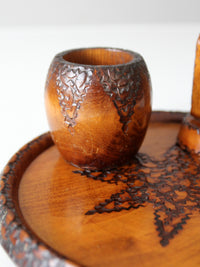 mid-century chip carved pine catchall set