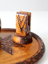 mid-century chip carved pine catchall set