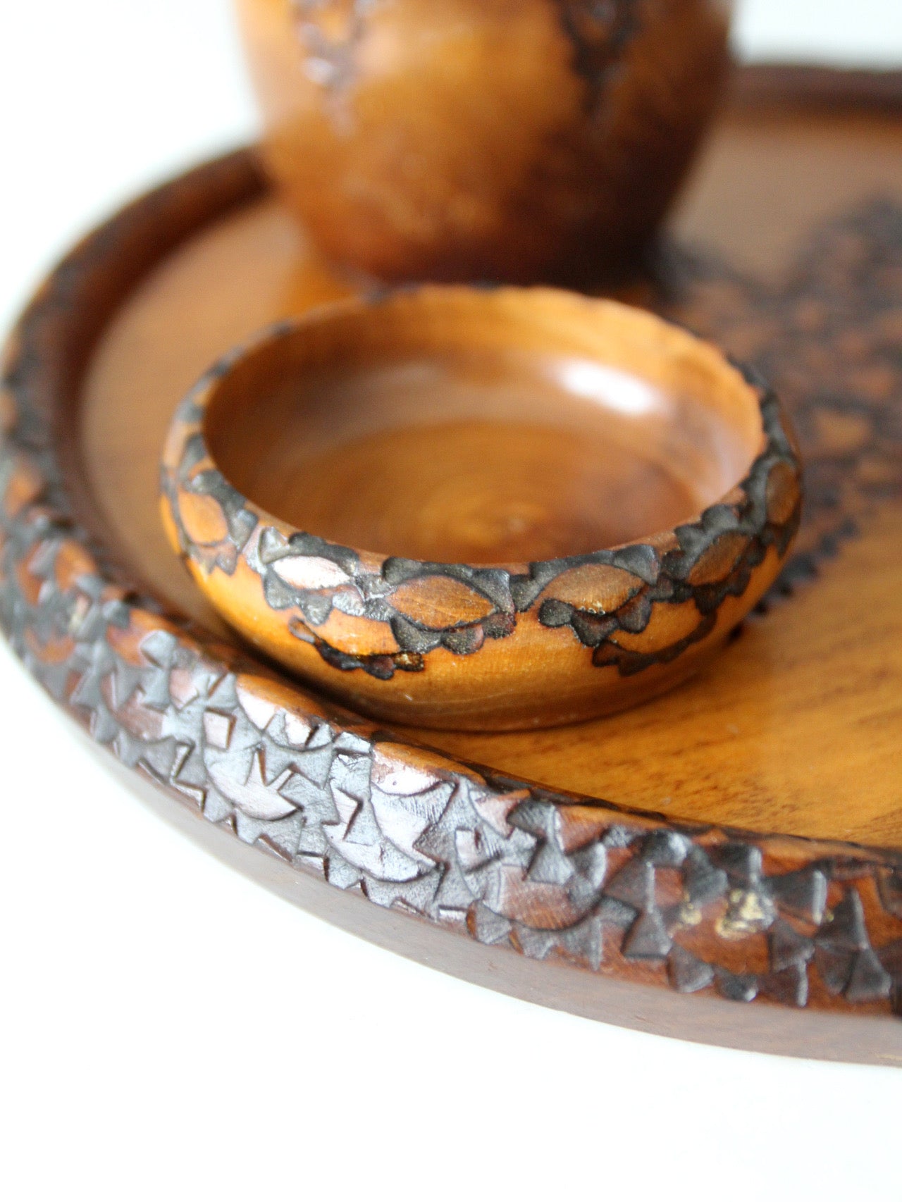 mid-century chip carved pine catchall set