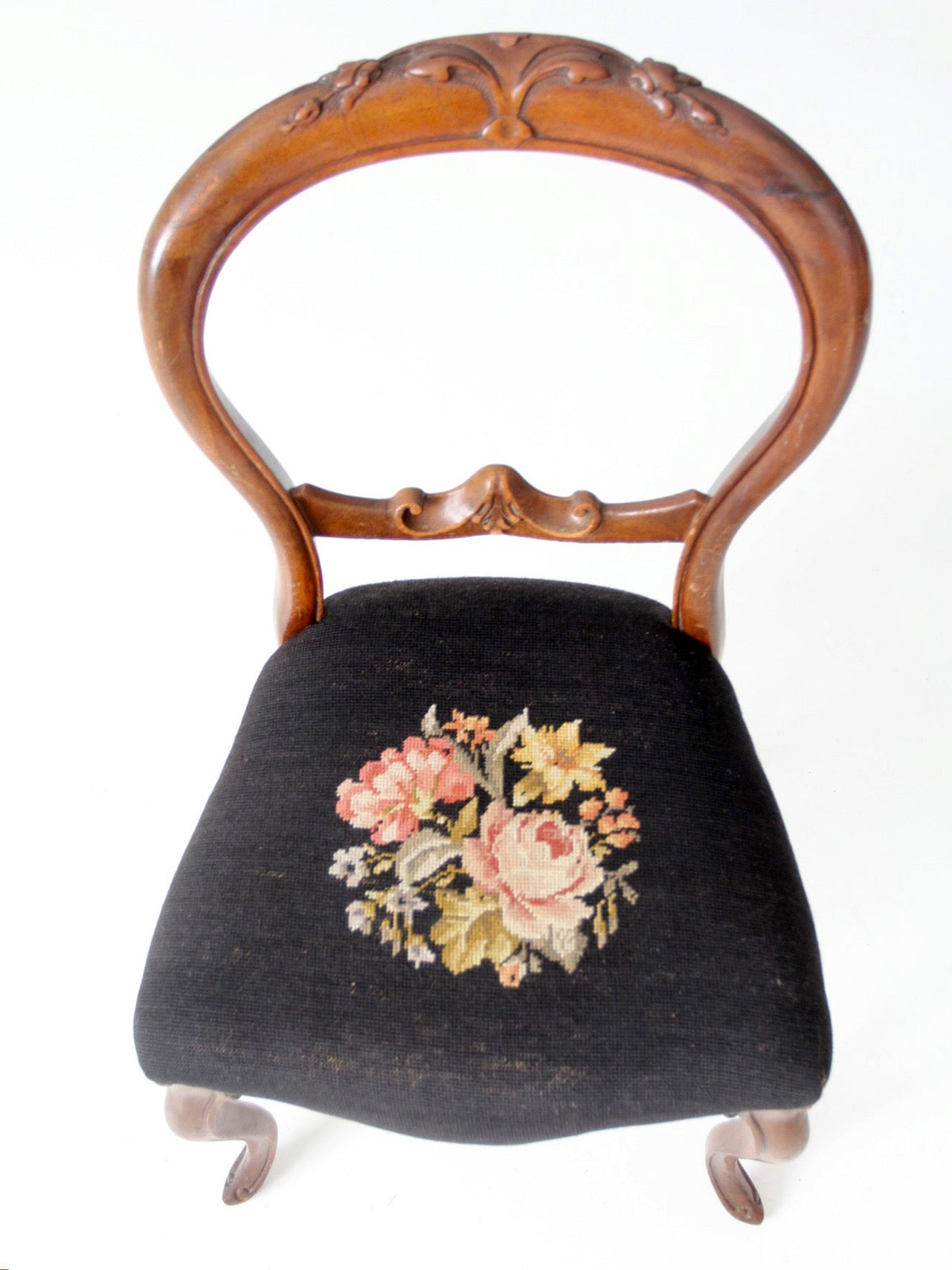 antique Victorian balloon-back chair with needlepoint upholstery