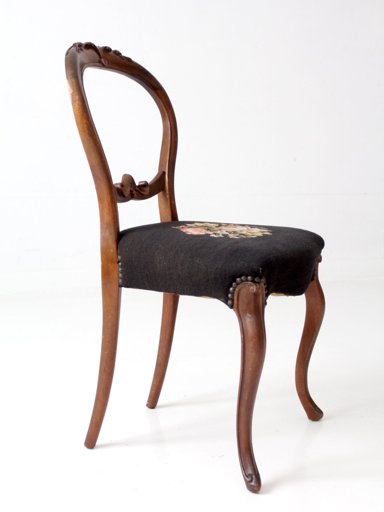 antique Victorian balloon-back chair with needlepoint upholstery