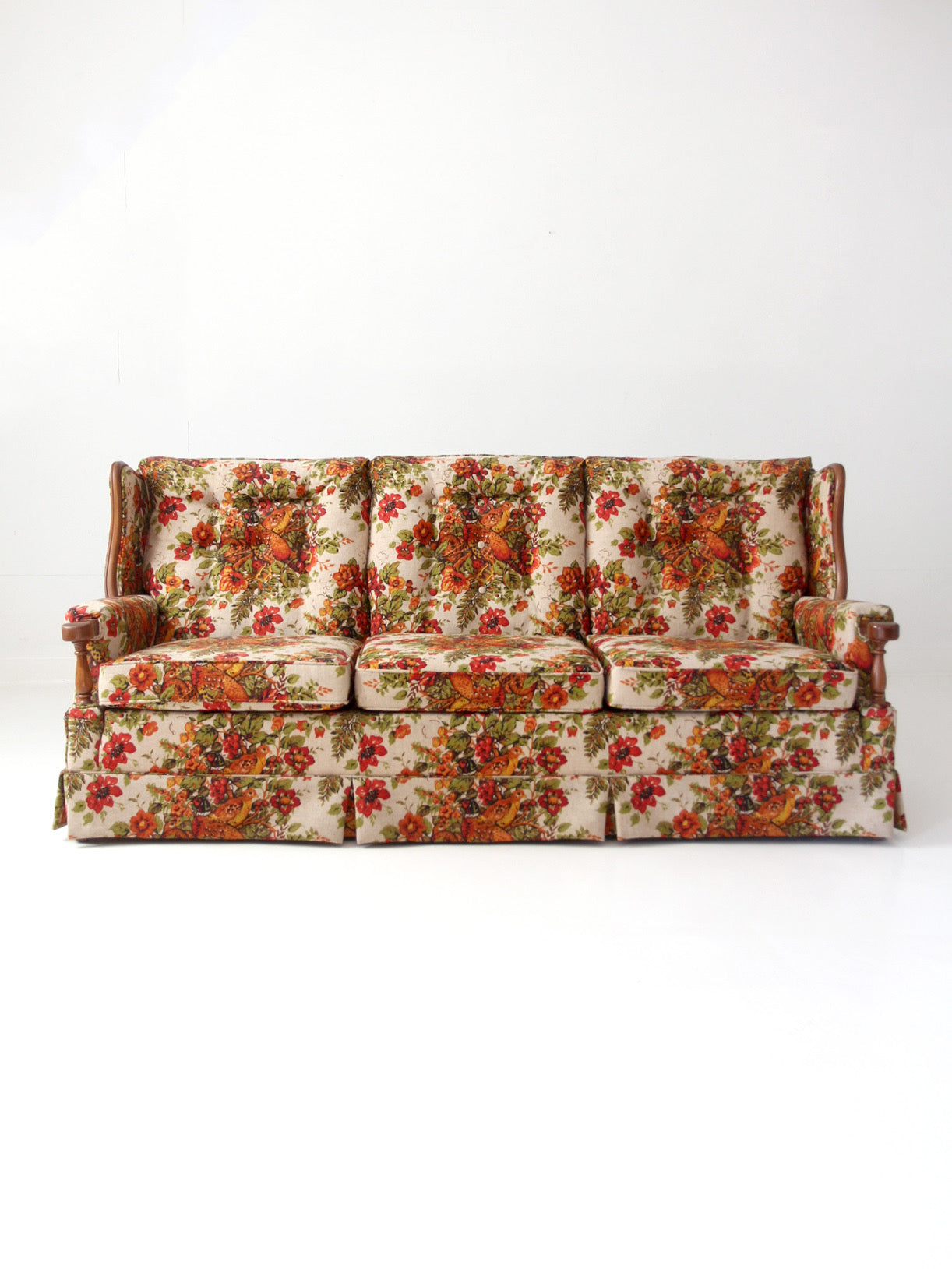 vintage Colonial Revival pheasant floral sofa