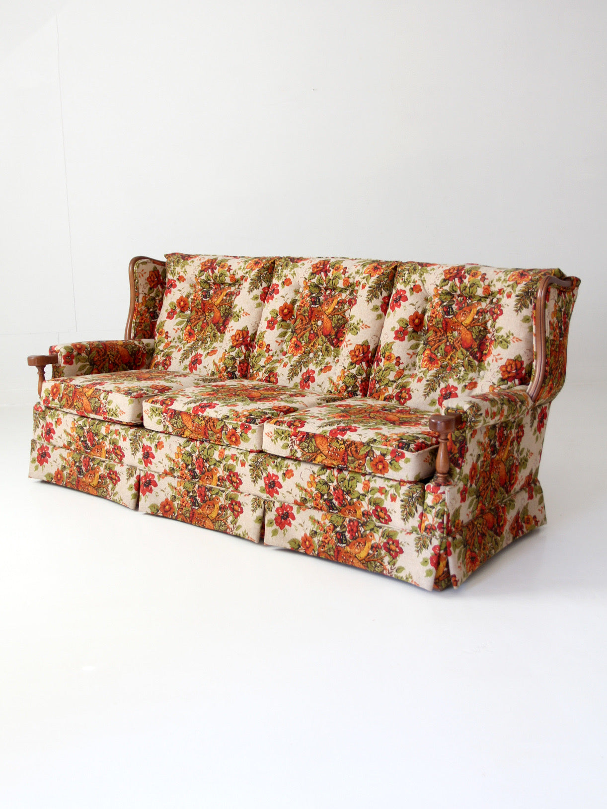 vintage Colonial Revival pheasant floral sofa