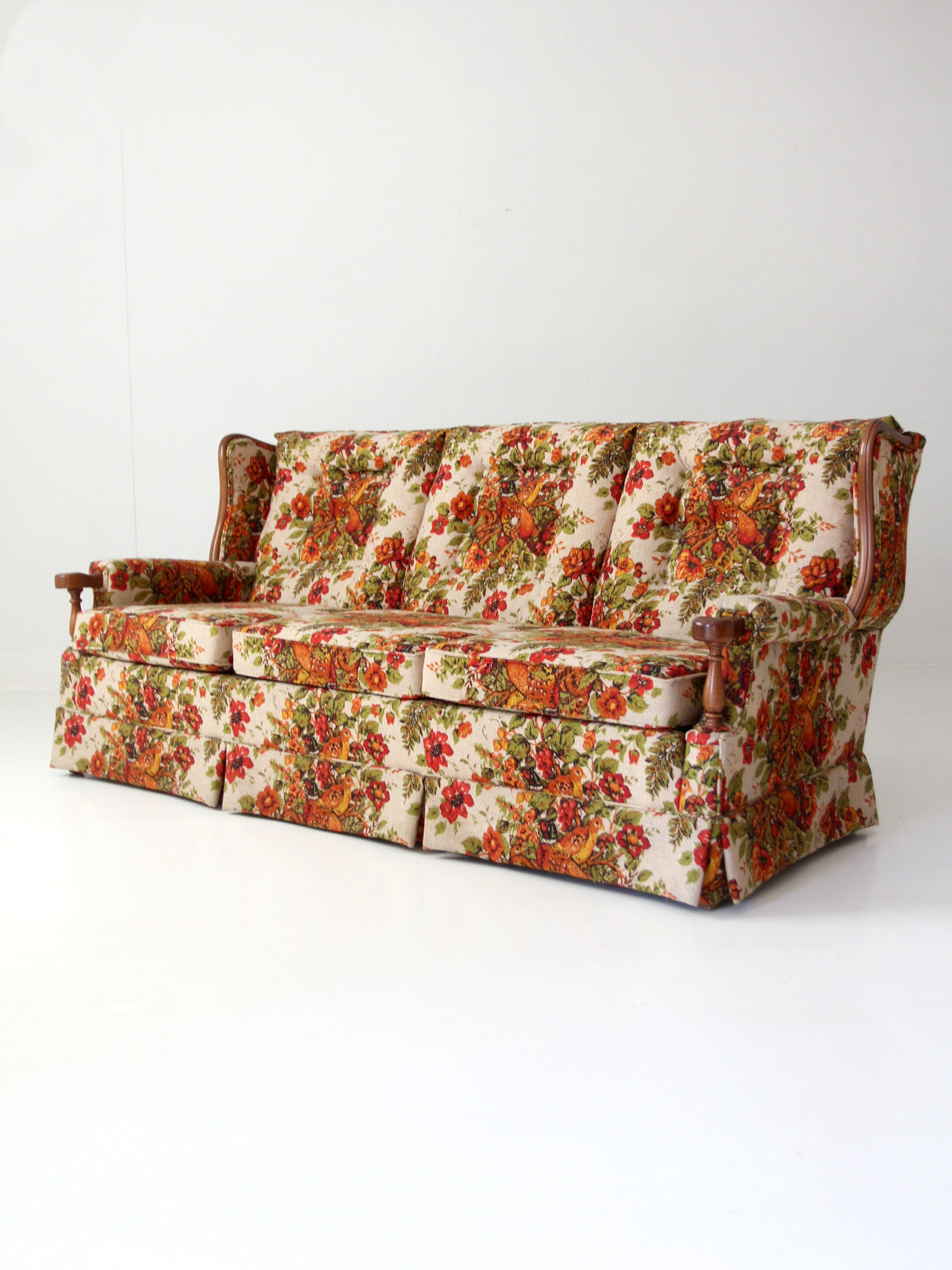 vintage Colonial Revival pheasant floral sofa