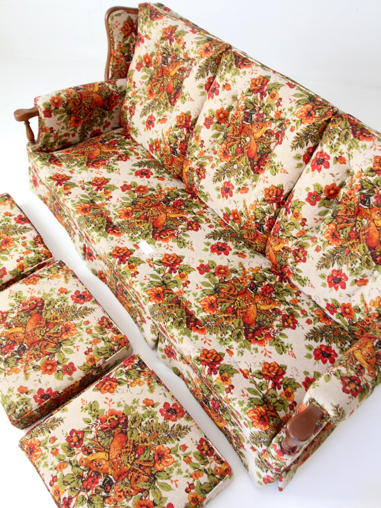 vintage Colonial Revival pheasant floral sofa