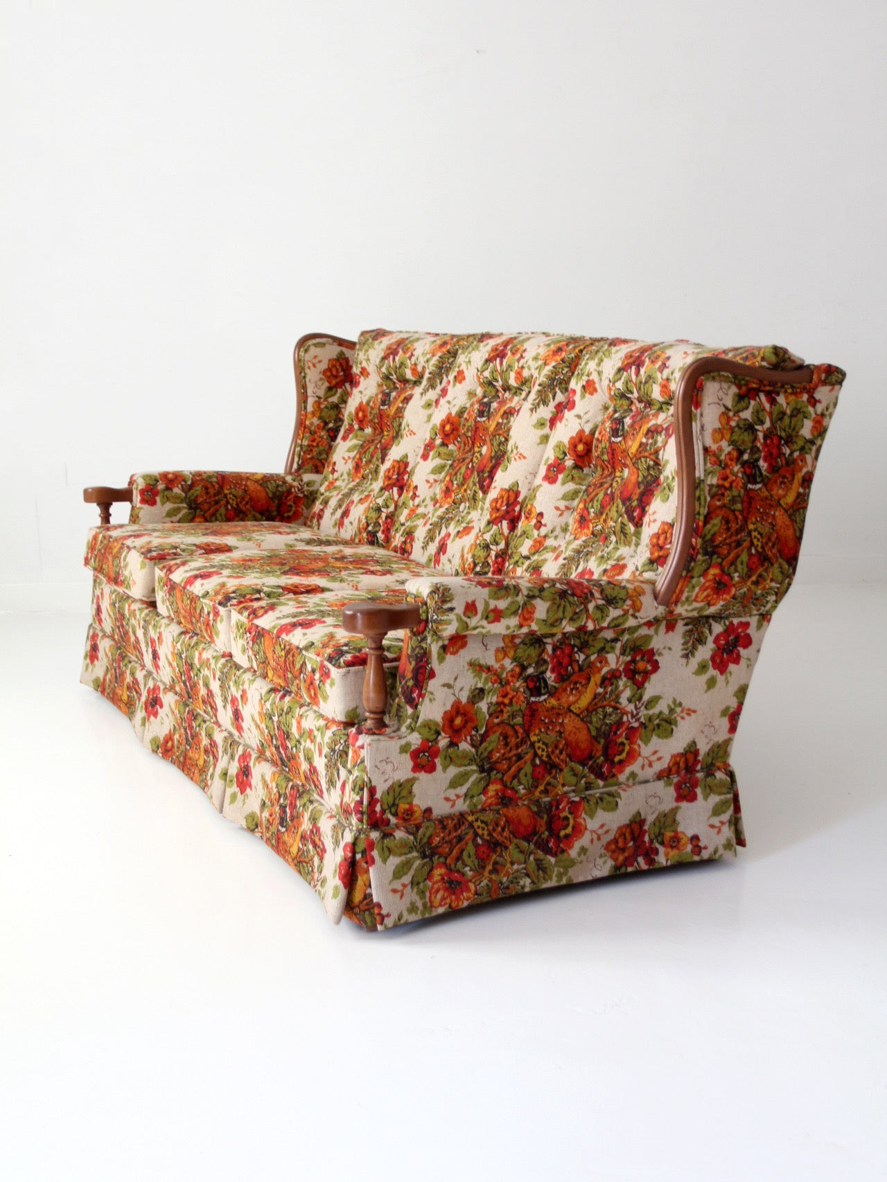 vintage Colonial Revival pheasant floral sofa