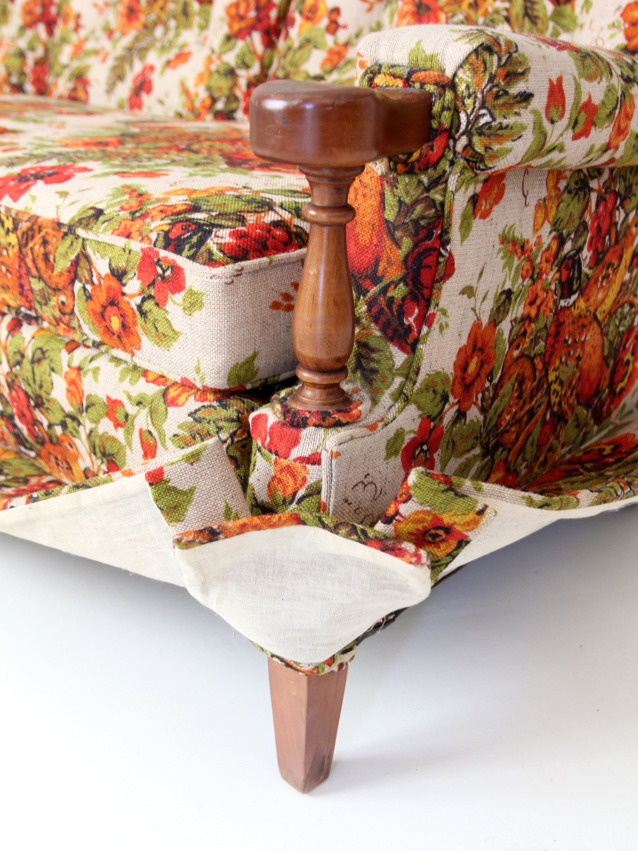 vintage Colonial Revival pheasant floral sofa