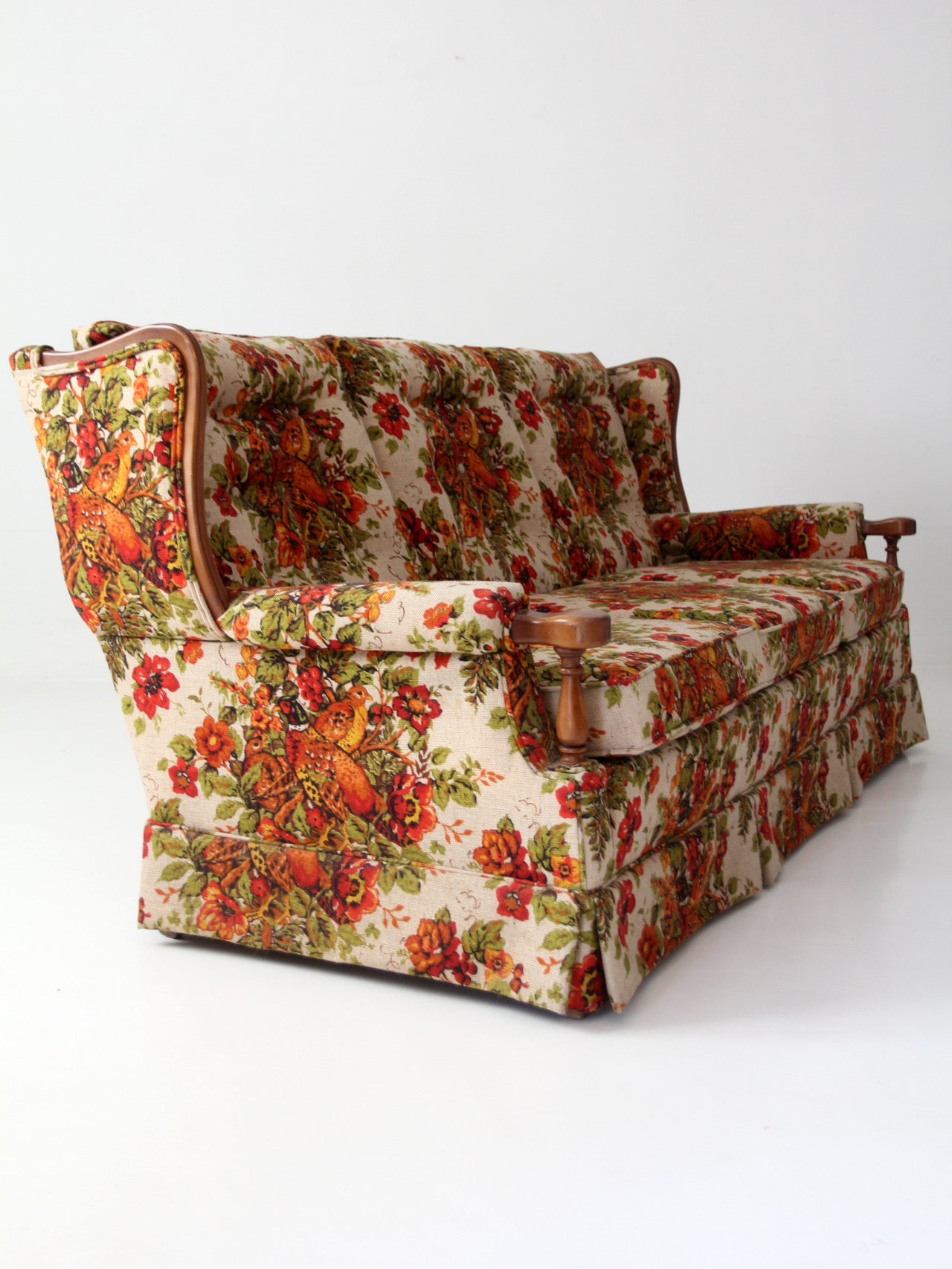 vintage Colonial Revival pheasant floral sofa