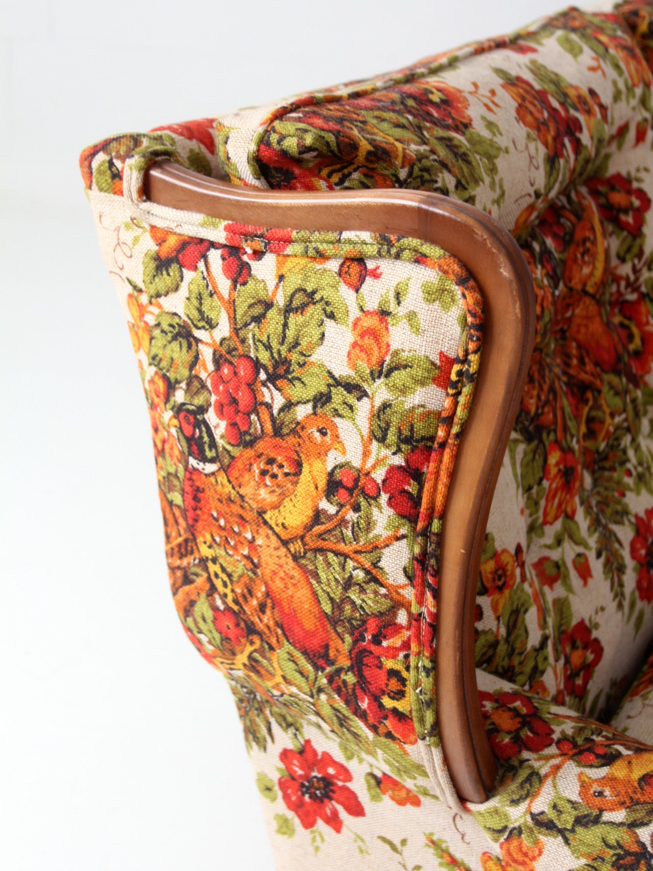 vintage Colonial Revival pheasant floral sofa