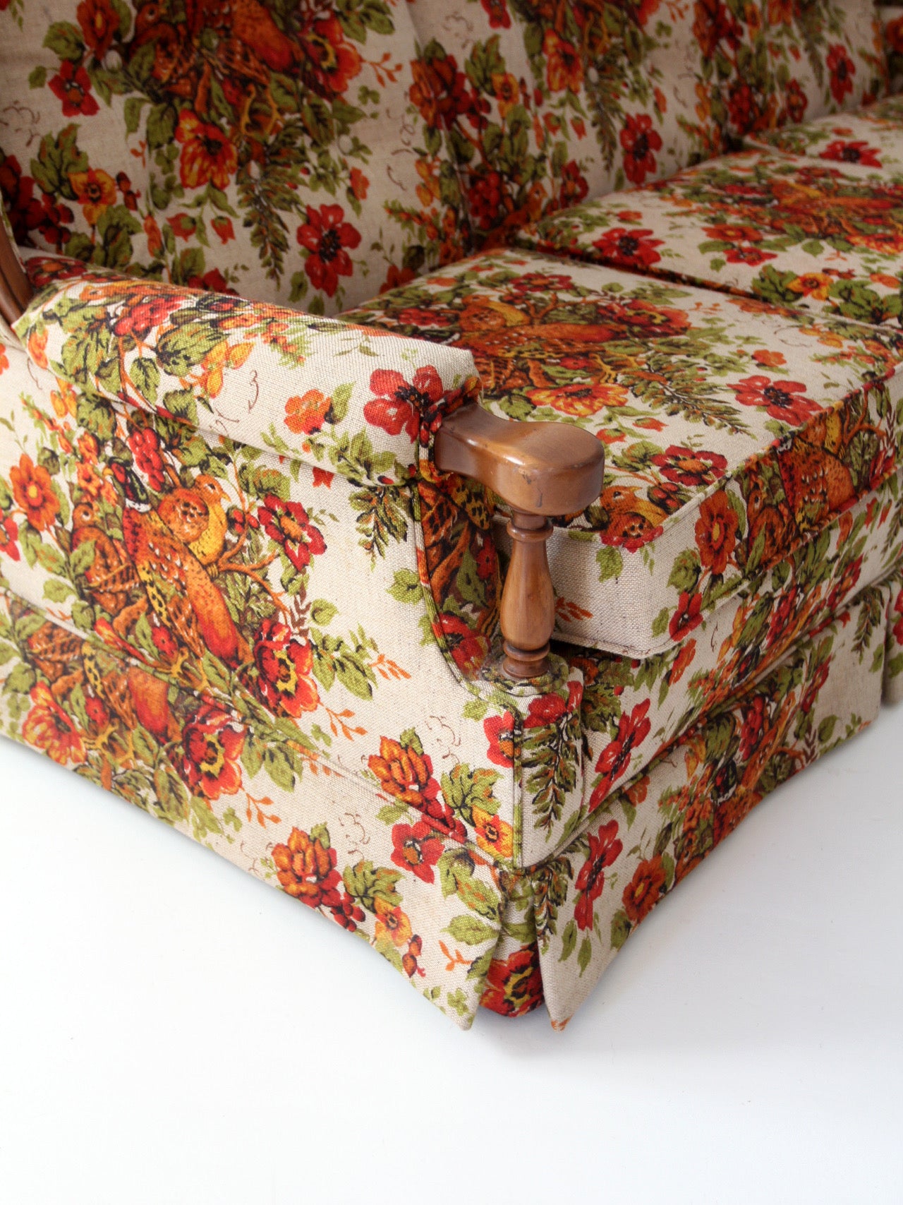 vintage Colonial Revival pheasant floral sofa