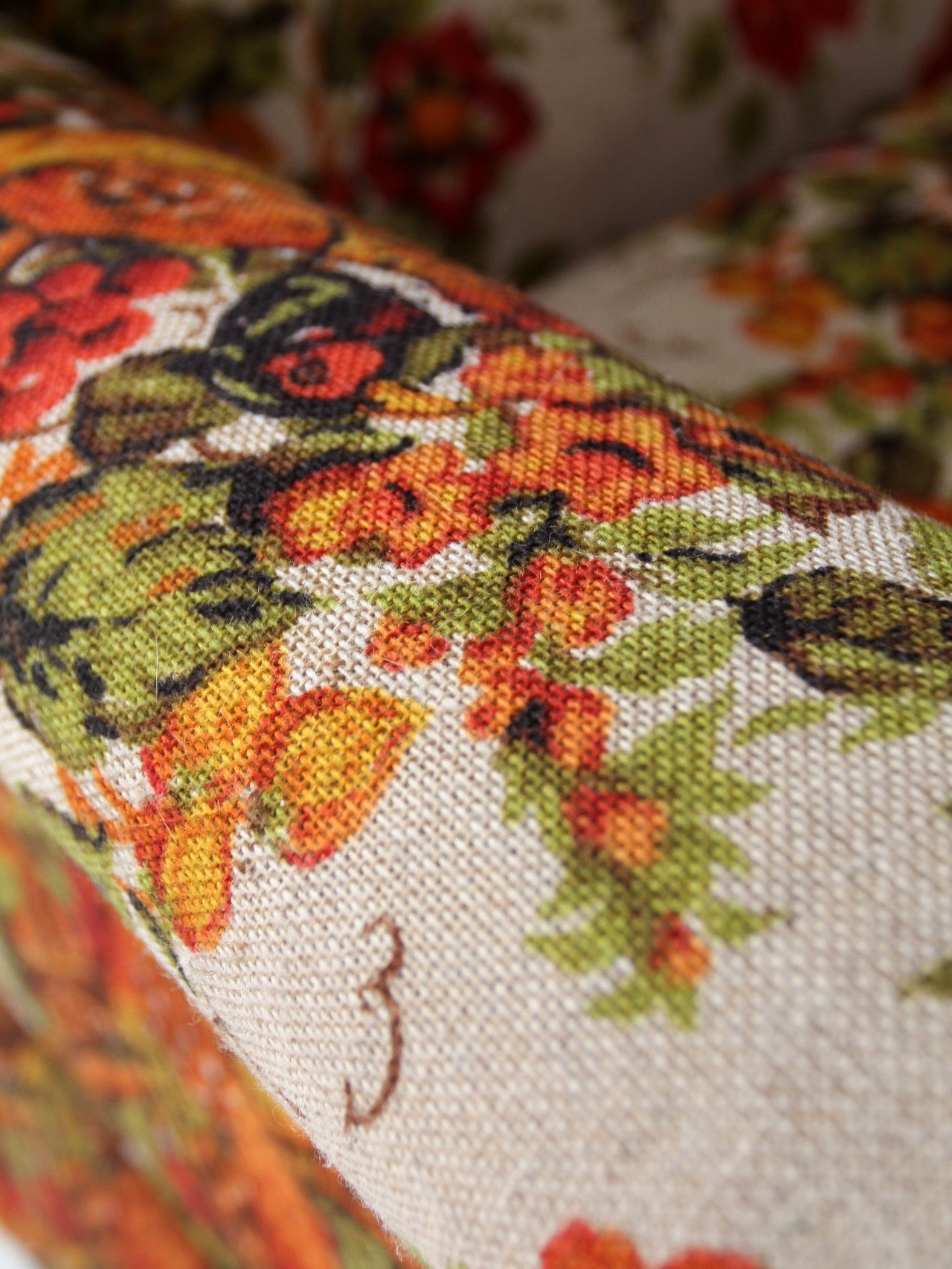 vintage Colonial Revival pheasant floral sofa