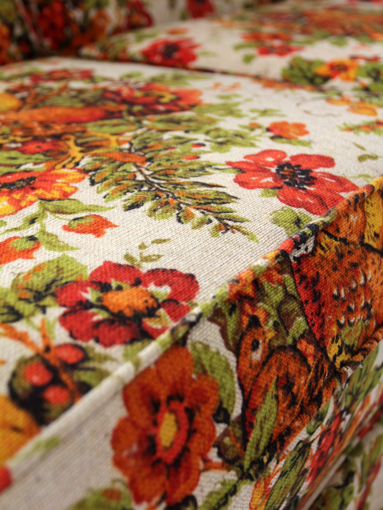 vintage Colonial Revival pheasant floral sofa