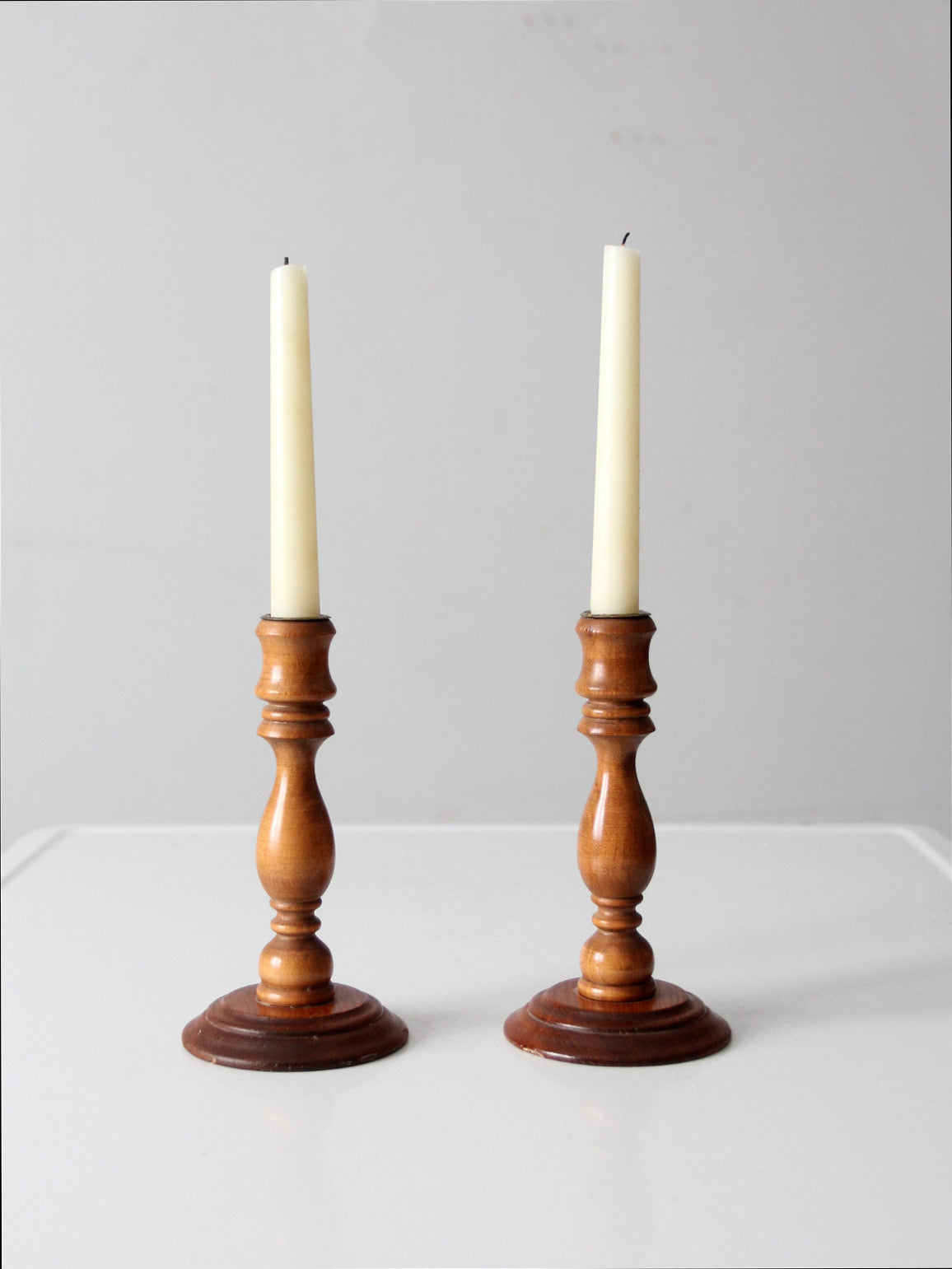 vintage turned wood candlestick pair