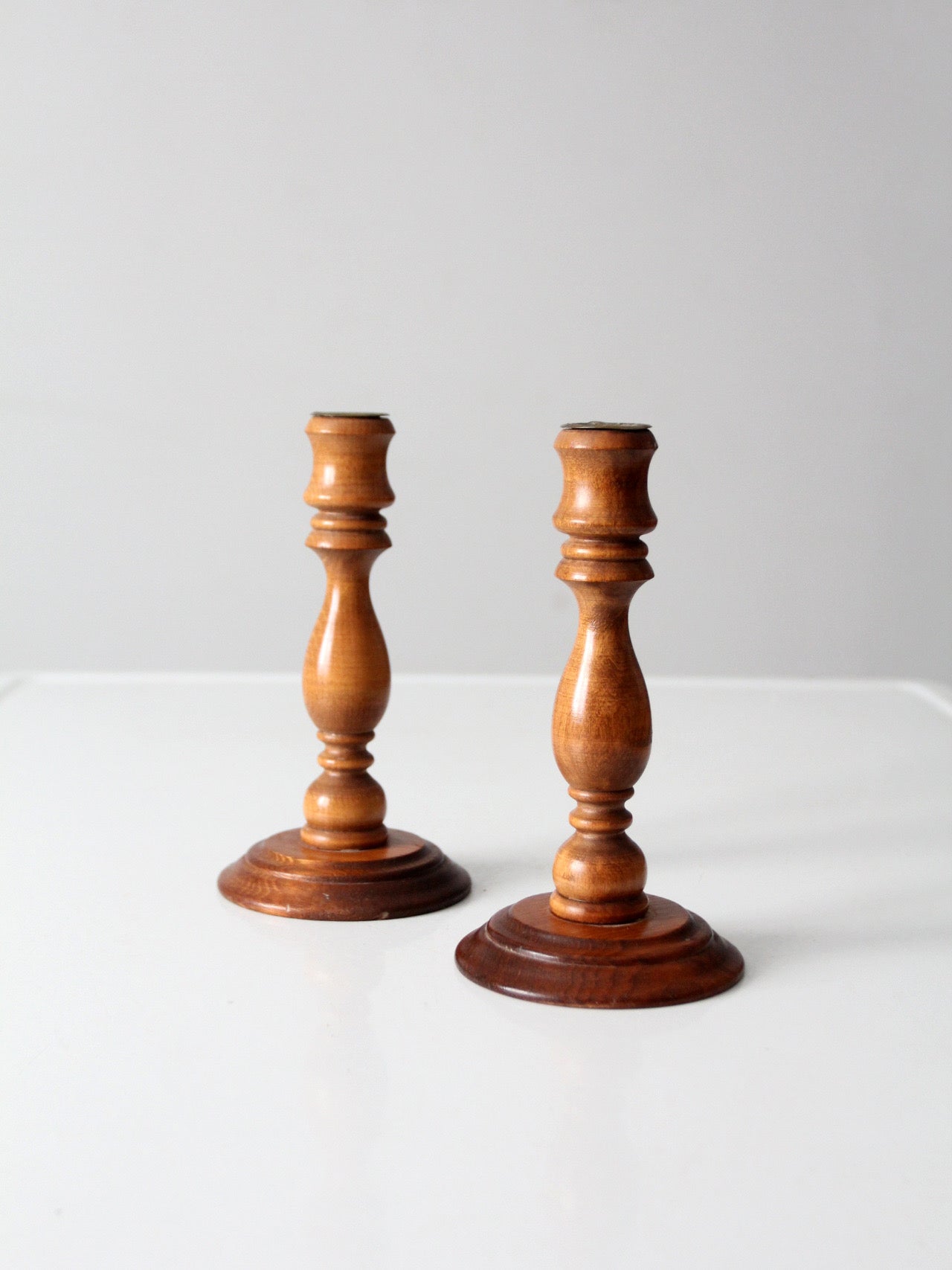 vintage turned wood candlestick pair