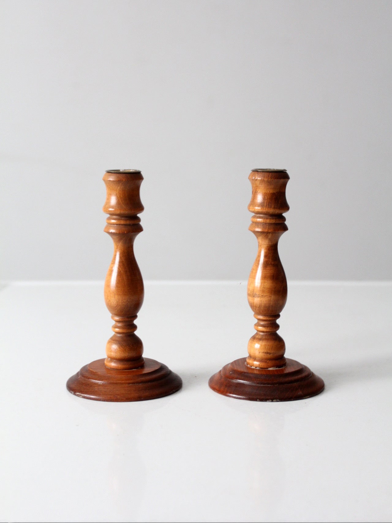 vintage turned wood candlestick pair