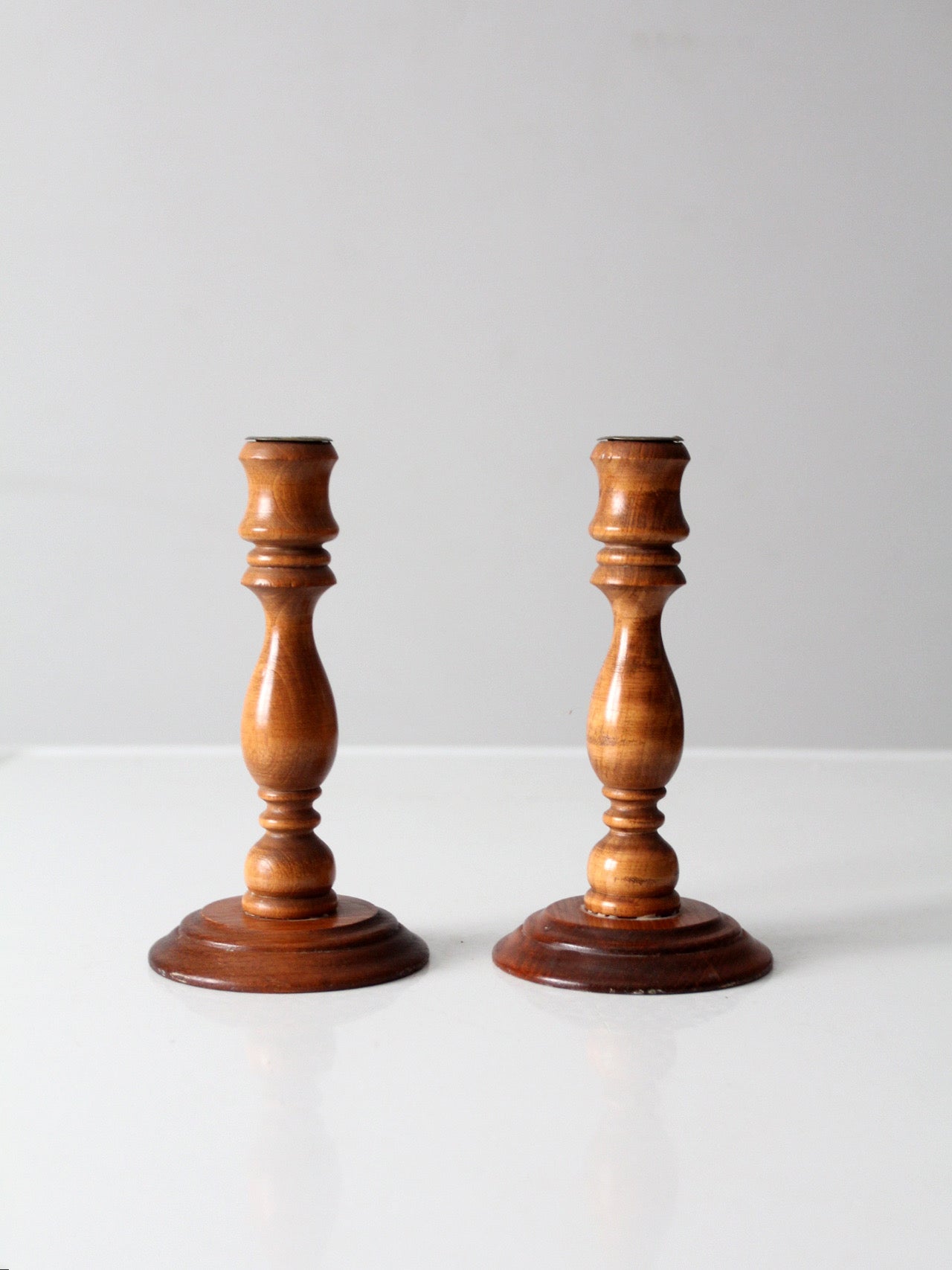 vintage turned wood candlestick pair