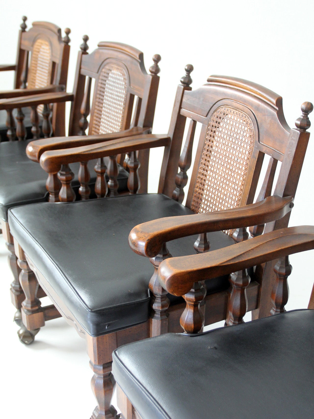 vintage 1970s Colonial Revival game table & four cane back chairs