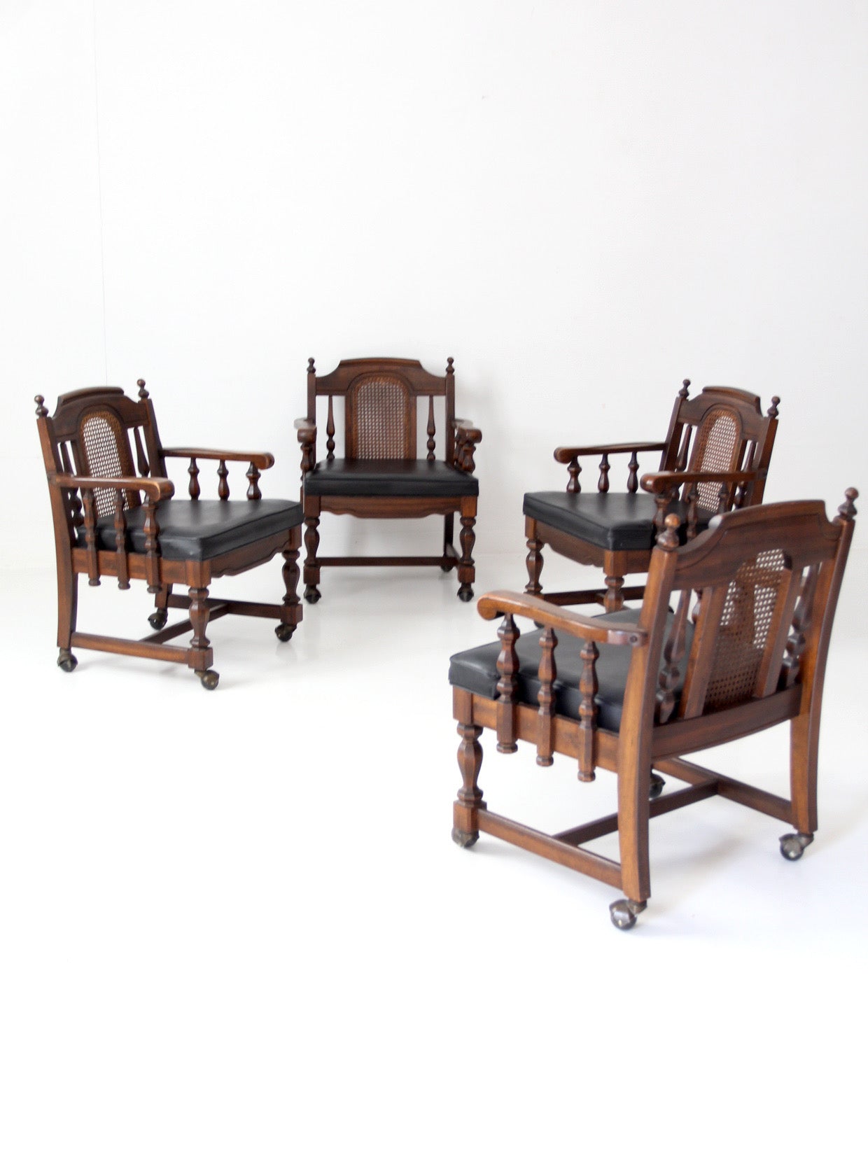 vintage 1970s Colonial Revival game table & four cane back chairs