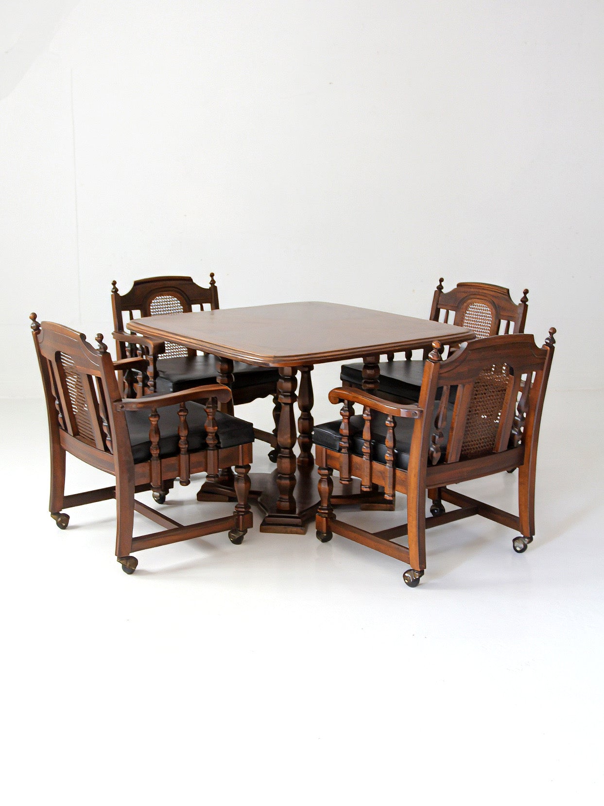 vintage 1970s Colonial Revival game table & four cane back chairs