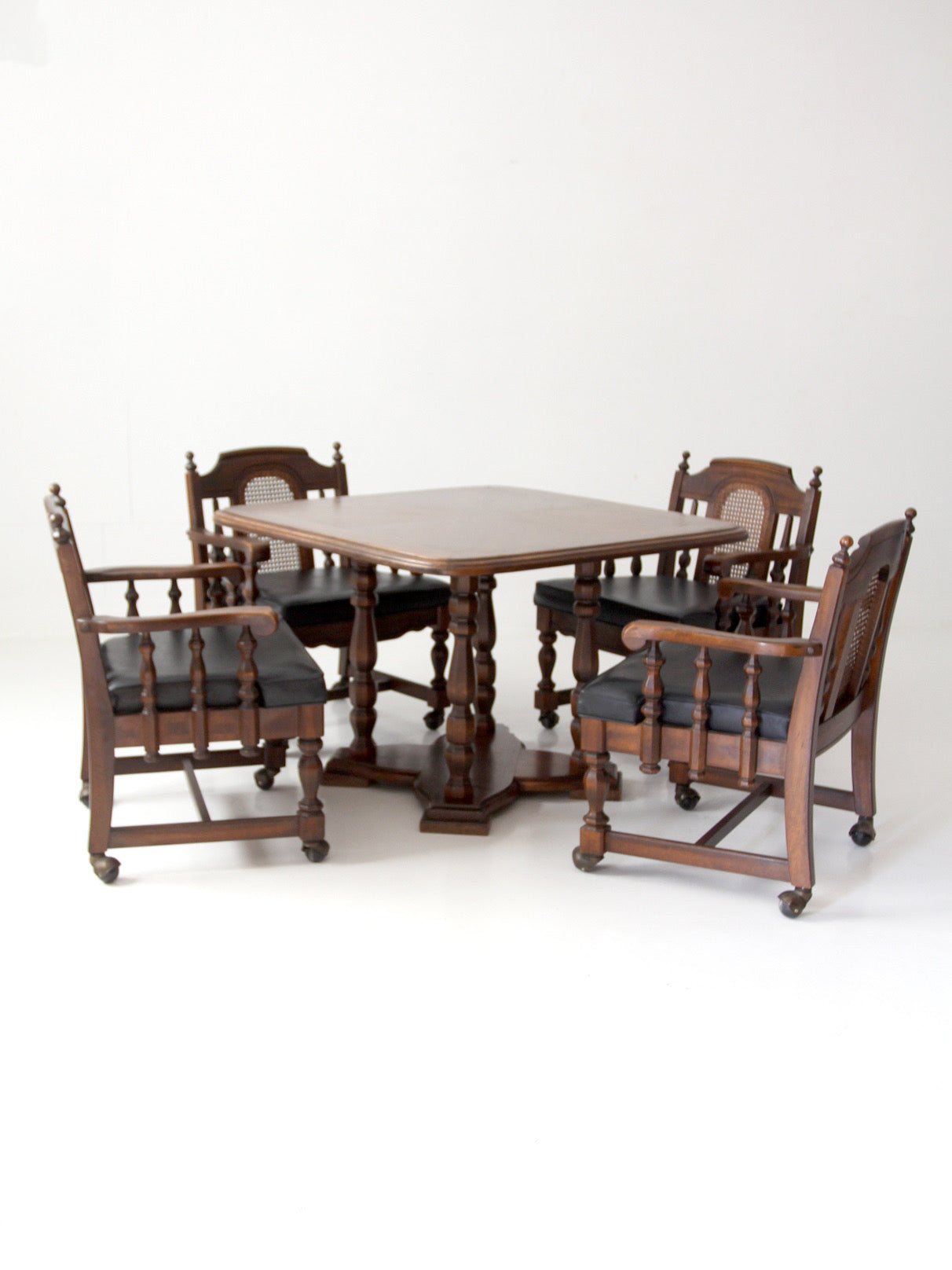vintage 1970s Colonial Revival game table & four cane back chairs