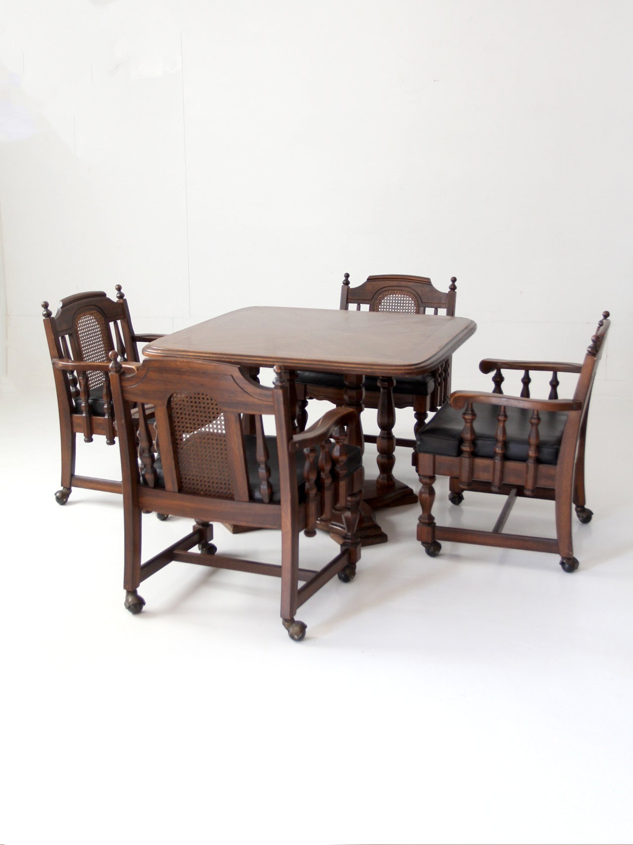 vintage 1970s Colonial Revival game table & four cane back chairs
