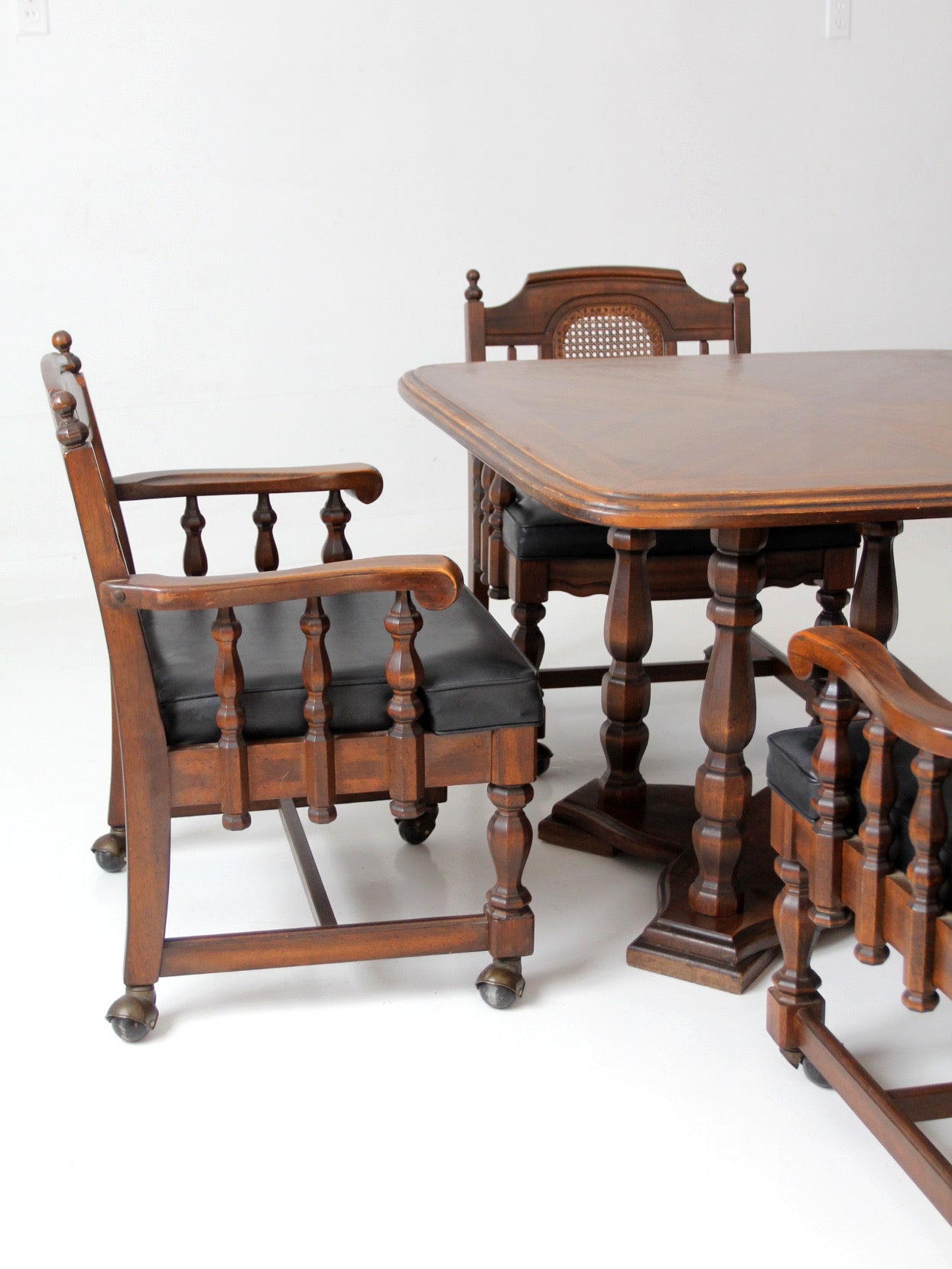 vintage 1970s Colonial Revival game table & four cane back chairs