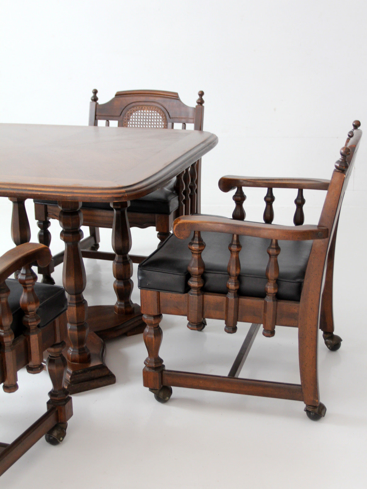 vintage 1970s Colonial Revival game table & four cane back chairs