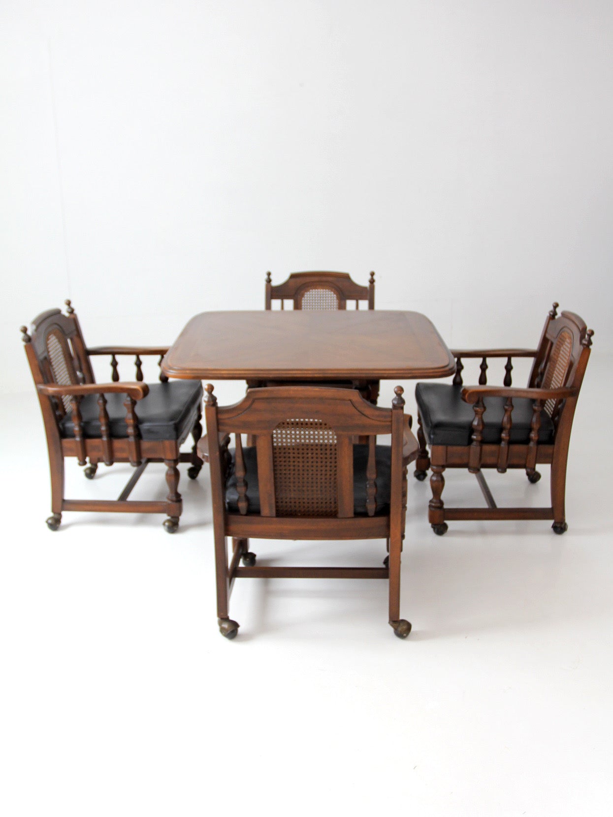vintage 1970s Colonial Revival game table & four cane back chairs