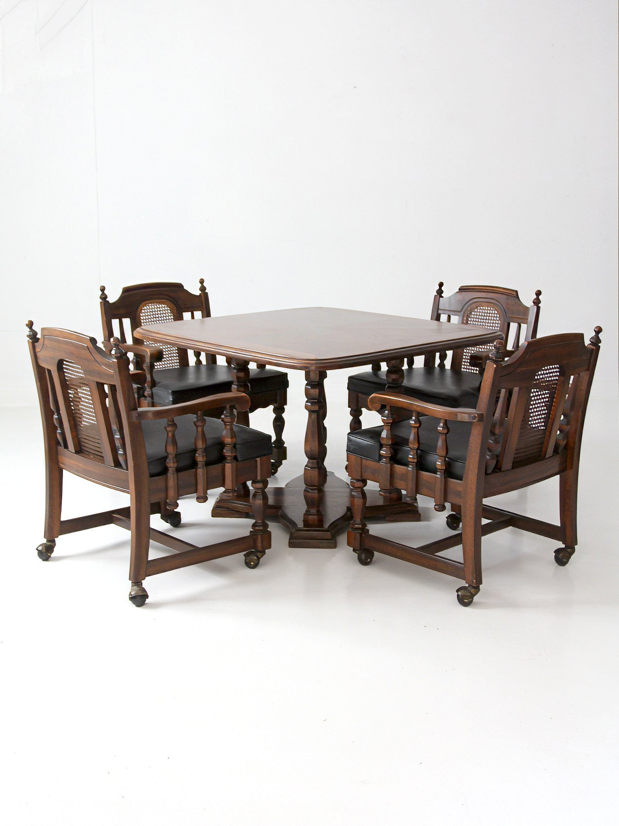 vintage 1970s Colonial Revival game table & four cane back chairs