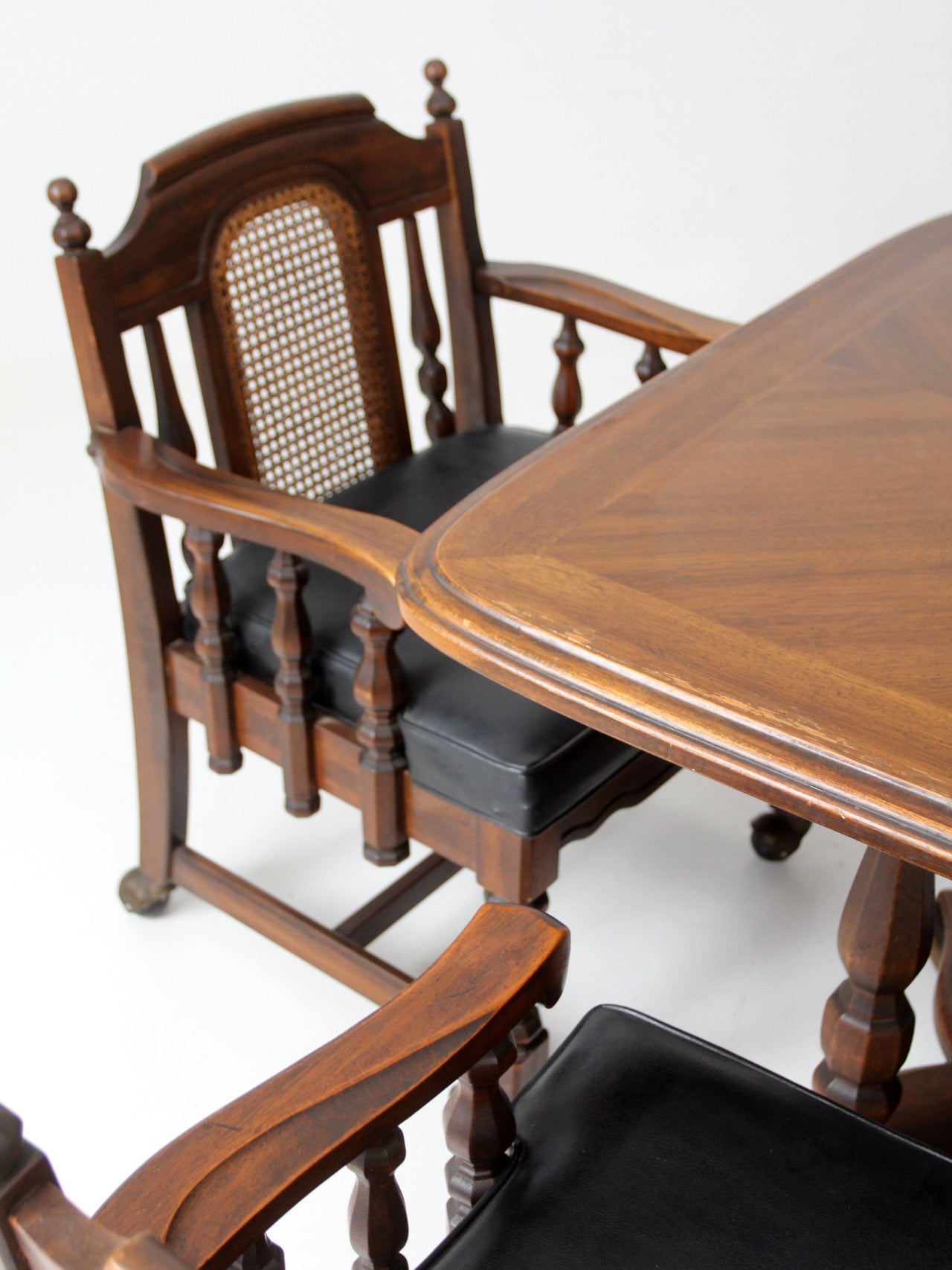 vintage 1970s Colonial Revival game table & four cane back chairs