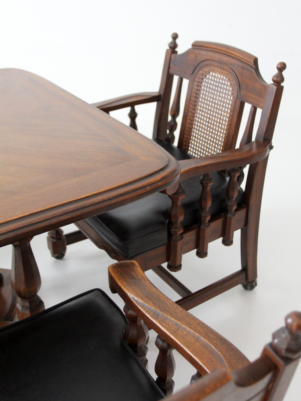 vintage 1970s Colonial Revival game table & four cane back chairs