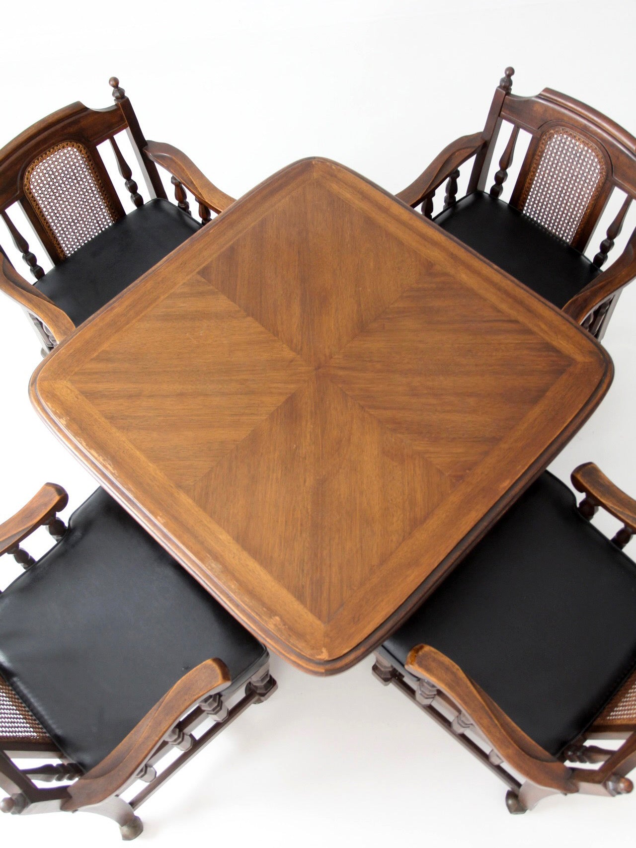 vintage 1970s Colonial Revival game table & four cane back chairs