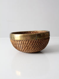 mid-century woven rattan bowl with brass rim