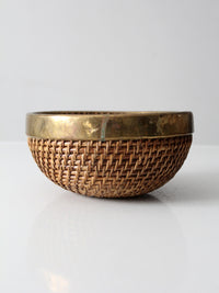 mid-century woven rattan bowl with brass rim