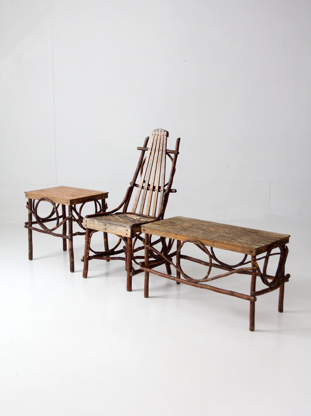 vintage Amish twig furniture | bentwood chair, coffee table, and end table